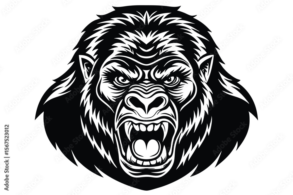 Obraz premium The powerful gorilla face displays intense, brooding expression in a symmetrical blackandwhite illustration