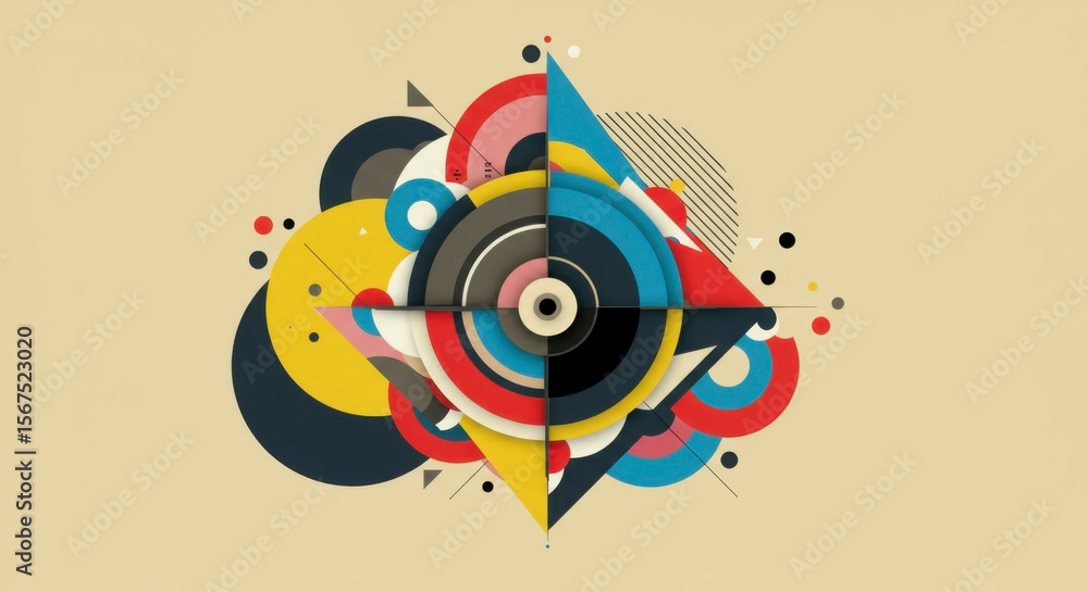 Fototapeta premium Abstract geometric artwork featuring vibrant circles, triangles, and lines, creating a dynamic and colorful composition