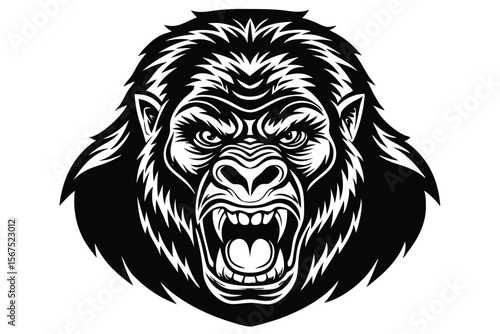 The powerful gorilla face displays intense, brooding expression in a symmetrical blackandwhite illustration