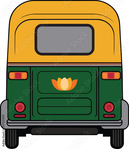 Back view auto rickshaw India yellow green three wheel vehicle illustration flat design transport