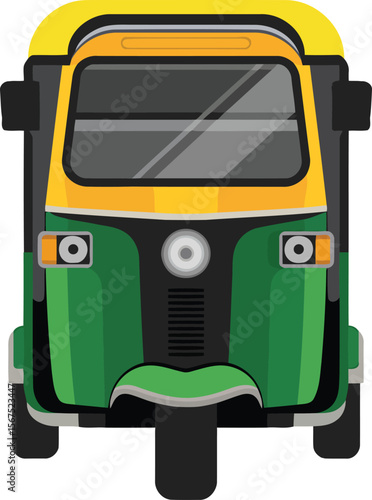 Front view auto rickshaw tuk tuk illustration India urban city green yellow taxi transport icon