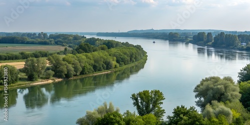 River Vista: Aerial view of a wide, calm river meandering through lush greenery, under a clear, sunny sky. This panoramic landscape highlights the beauty of nature's waterways.