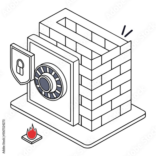 Secure safe protected by brick wall and shield near fire security protection