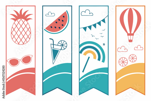Summer Themed Decorative Banners Featuring Pineapple Watermelon Cocktail Beach Umbrella Hot Air Balloon and Other Summer Icons