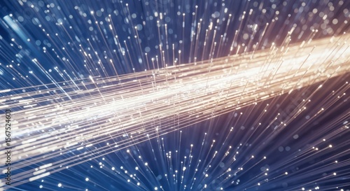 Abstract illustration of light trails with blue background and glowing particles effect