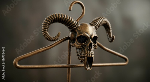 Wallpaper Mural Bronze skull with ram horns perched atop a wire hanger against a blurred background Torontodigital.ca