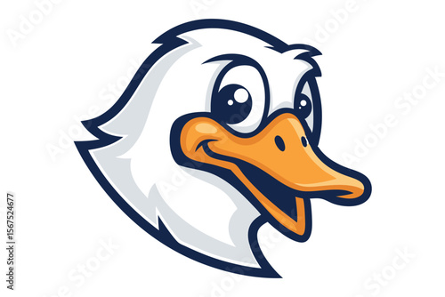 Happy waterfowl head smiles brightly, showcasing cartoonish white feathers and an orange beak