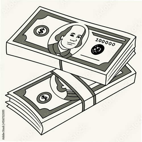 Stack of hundred dollar bills with Benjamin Franklin money currency