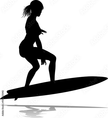 Surfer surfboard boarding female surfer surfing silhouette outline. Woman surf pose design concept.