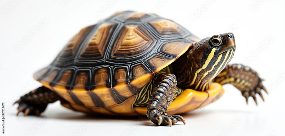 Obraz premium Common box turtle with intricate shell patterns, yellow stripes on head. Isolated on white studio background, wild animal, reptile, captured in sharp detail, perfect for educational wildlife content.