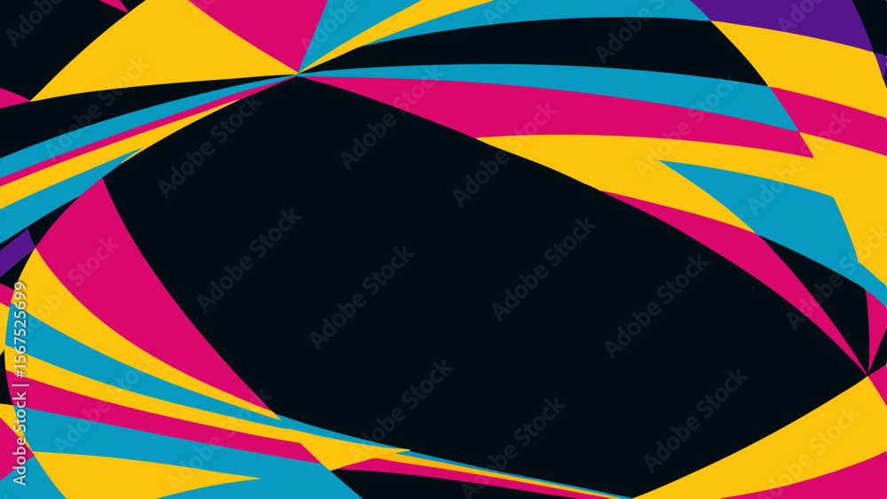 Vibrant abstract geometric shapes in pink blue and yellow on black background Vibrant abstract geometric shapes in pink blue and yellow on black background