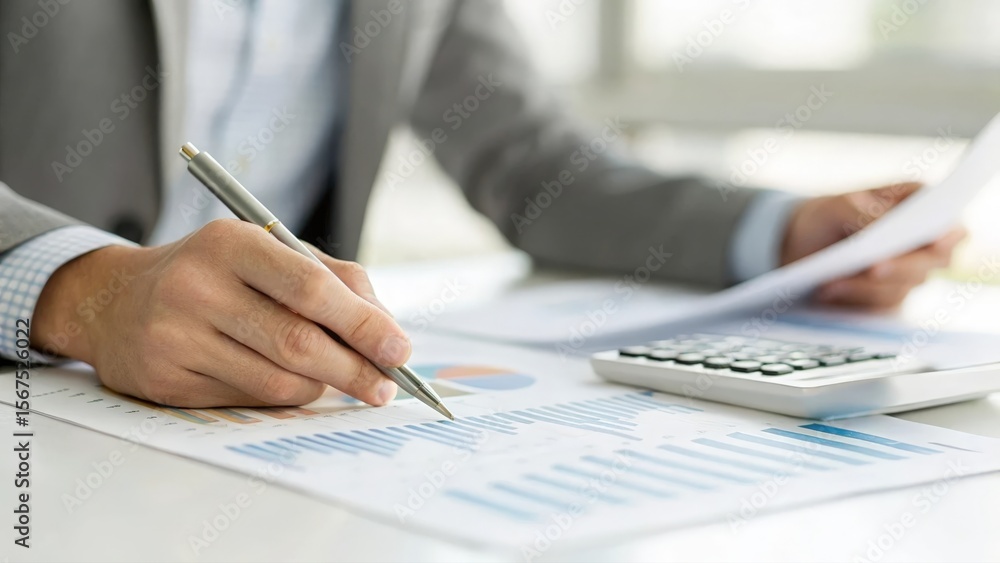 Soft focus close-up of business person marking charts amid calculator and documents
Soft focus close-up of business person marking charts amid calculator and documents