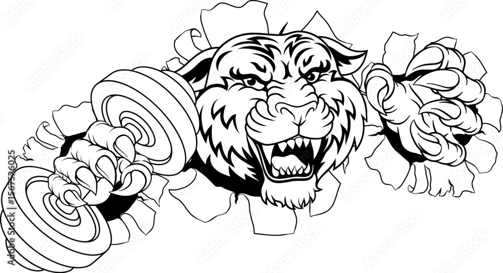 Fototapeta premium A tiger weight lifting gym animal sports mascot holding a dumbbell weight in his claw