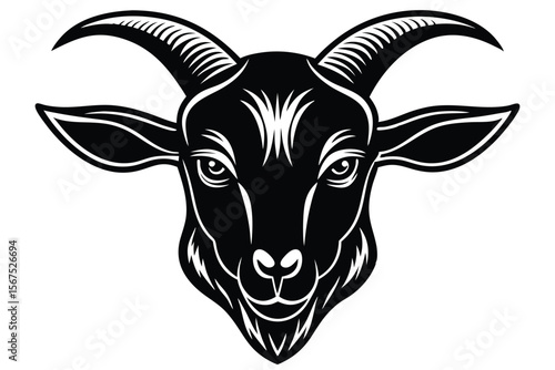 Stylized gray goat head gazes forward, showcasing yellow horns and piercing golden eyes