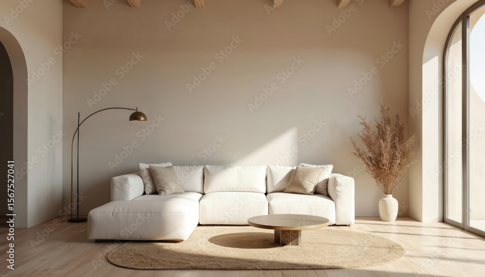 Fototapeta premium Japandi style living room featuring white sectional sofa, minimalist coffee table, floor lamp. Natural light streams through arched windows, illuminating neutral palette of plaster walls, wood