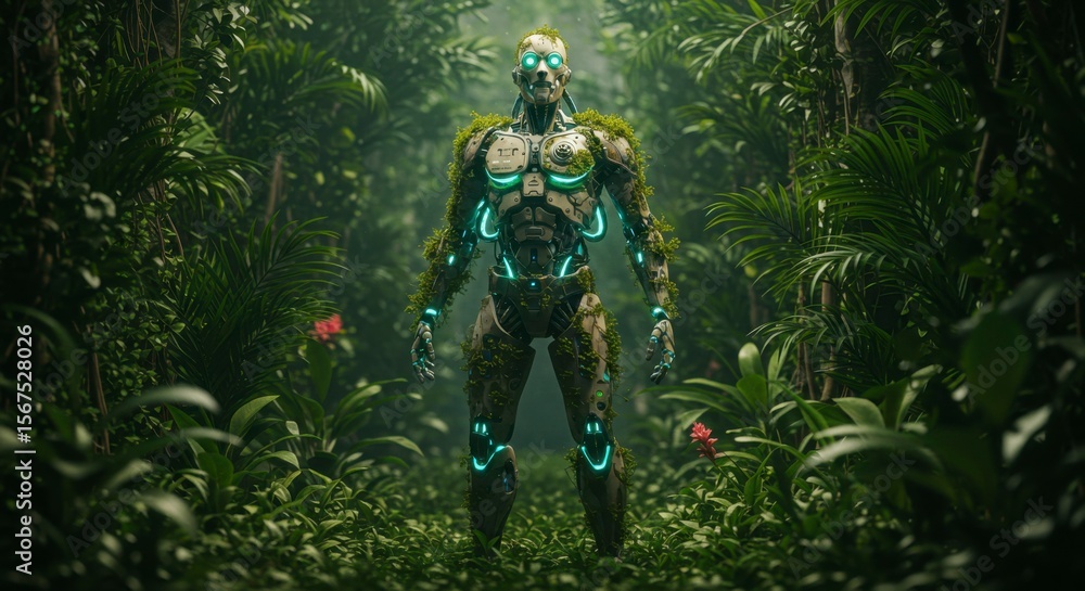 Fototapeta premium Cybernetic warrior in a lush jungle