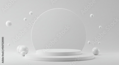 Minimalist white platform with floating spheres, ideal for product display or abstract art