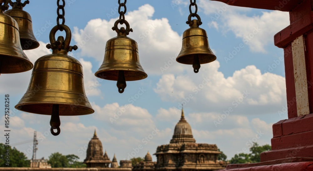 Obraz premium Golden bells hanging before ancient temple architecture under a peaceful cloudy sky background