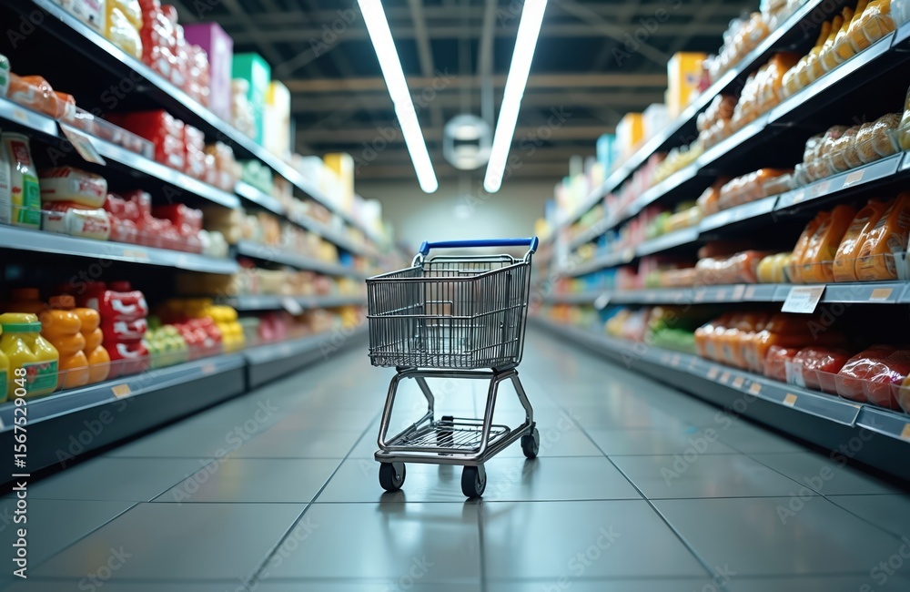 Naklejka premium Supermarket aisle with shopping cart centered between shelves stocked with merchandise. Clean, well-lit environment variety of food products. Scene captures everyday experience of grocery shopping,