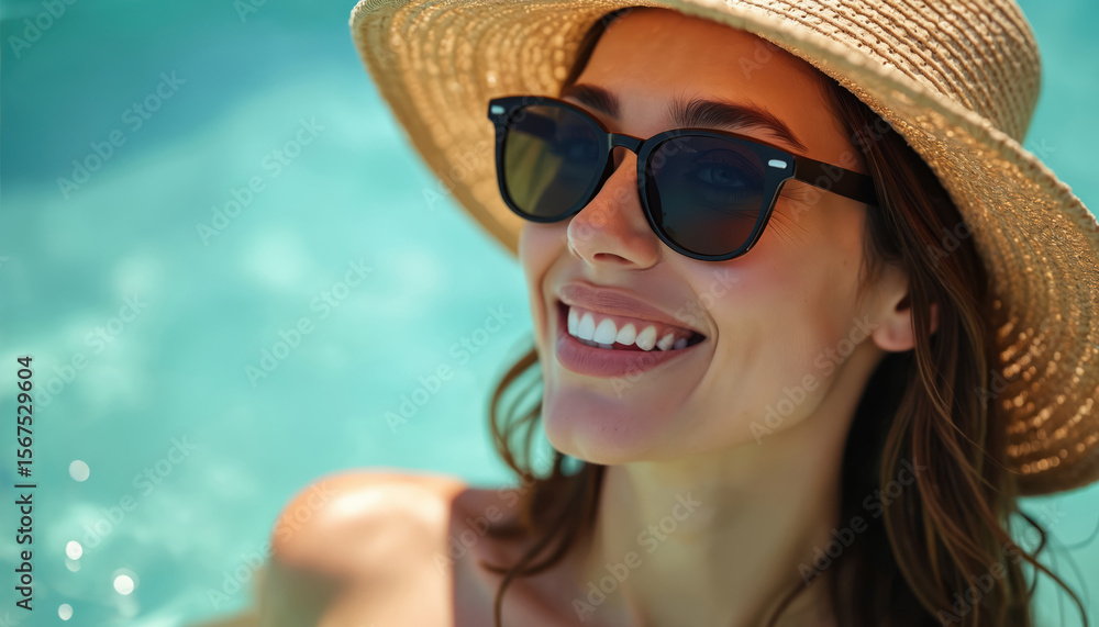 Woman in straw hat and sunglasses enjoys clear blue water. Sun reflects on her skin. She smiles brightly, radiating summer joy. This portrait captures carefree vacation relaxation, beauty, and style. Woman in straw hat and sunglasses enjoys clear blue water. Sun reflects on her skin. She smiles brightly, radiating summer joy. This portrait captures carefree vacation relaxation, beauty, and style.