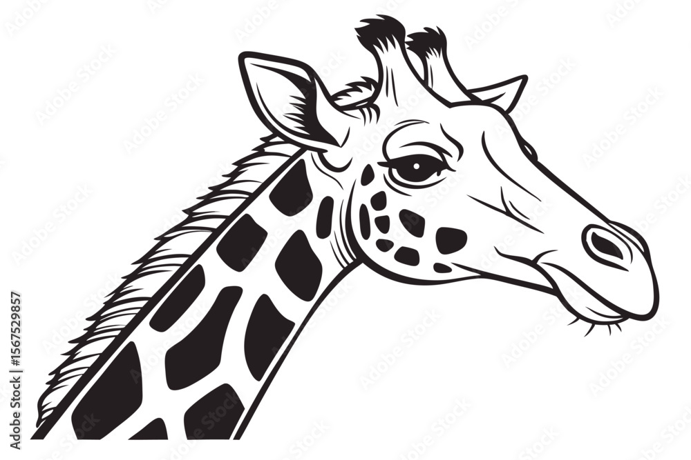 Naklejka premium Elegant black and white giraffe head shows its unique spotted pattern and graceful features