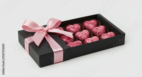 Heart-shaped chocolates in a black box