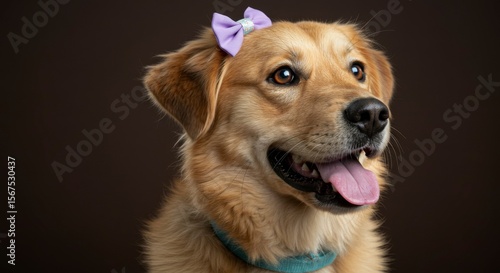 Adorable golden retriever with a purple bow