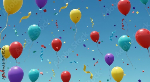 Colorful balloons and confetti float against a clear blue sky, celebrating a joyous occasion (1)