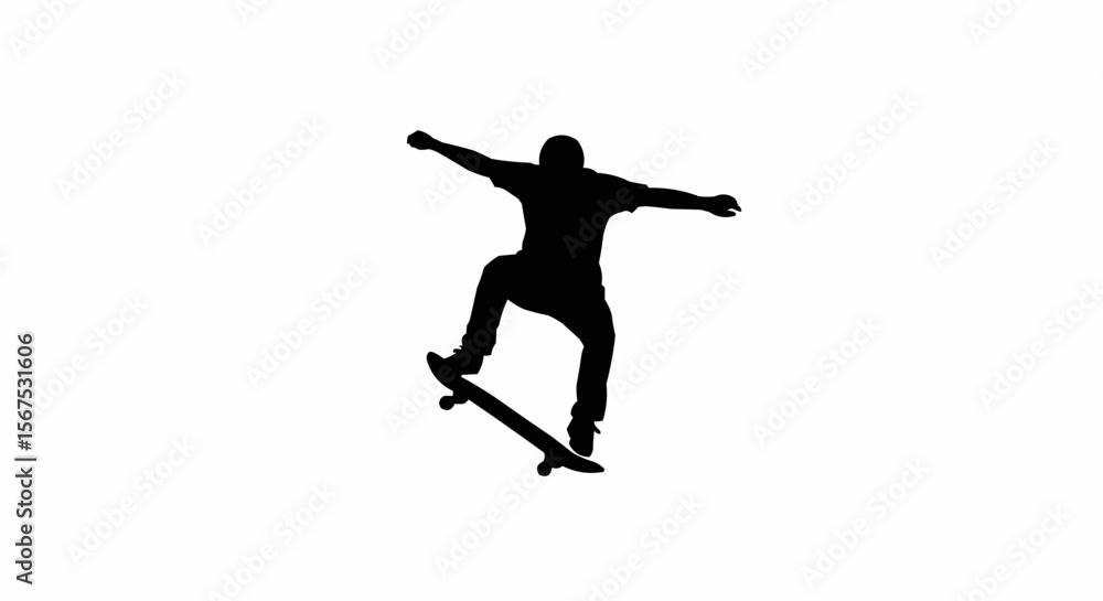 Fototapeta premium Skateboarder Performing Kickflip Trick Silhouette on White Background, Extreme Sports Action Vector Illustration