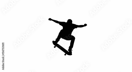 Skateboarder Performing Kickflip Trick Silhouette on White Background, Extreme Sports Action Vector Illustration

