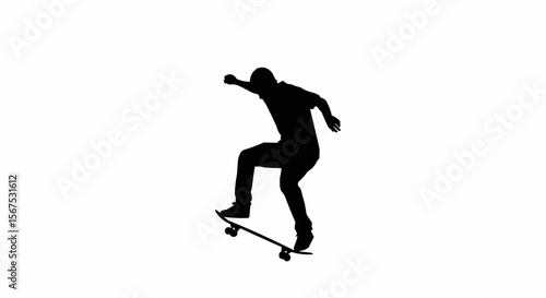 Skateboarder Performing Kickflip Trick Silhouette on White Background, Extreme Sports Action Vector Illustration

