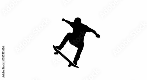 Skateboarder Performing Kickflip Trick Silhouette on White Background, Extreme Sports Action Vector Illustration

