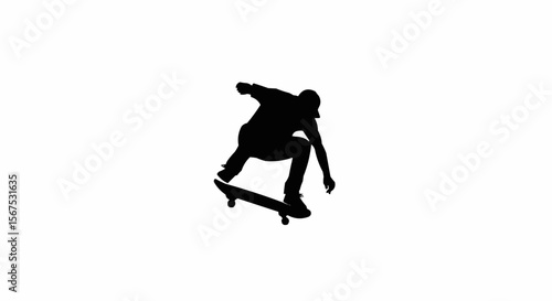Skateboarder Performing Kickflip Trick Silhouette on White Background, Extreme Sports Action Vector Illustration

