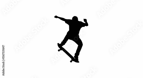 Skateboarder Performing Kickflip Trick Silhouette on White Background, Extreme Sports Action Vector Illustration

