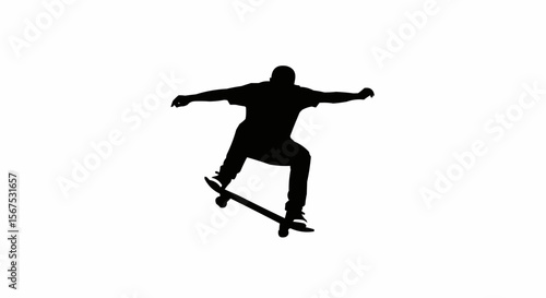 Skateboarder Performing Kickflip Trick Silhouette on White Background, Extreme Sports Action Vector Illustration

