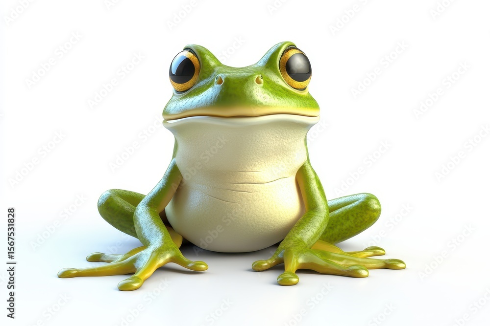 Obraz premium Frog sitting with legs tucked 3d cartoon character on white background