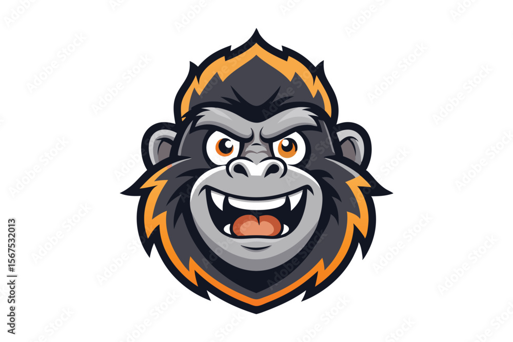 Fototapeta premium Fierce gorilla head smiles widely showing its teeth with orange outline and glowing eyes