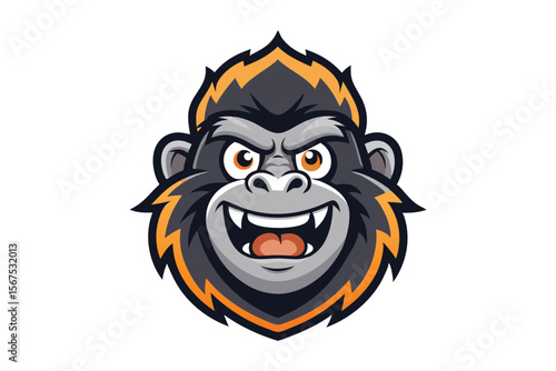 Fierce gorilla head smiles widely showing its teeth with orange outline and glowing eyes
