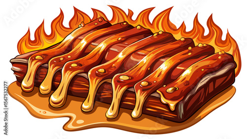 The famous BBQ Pork Ribs shine with a caramelized glaze, bones peeking through juicy meat, captured in warm tones on a pure white background.