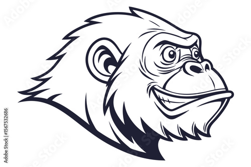Line art captures a jovial chimpanzee head smiling with visible teeth on a white background