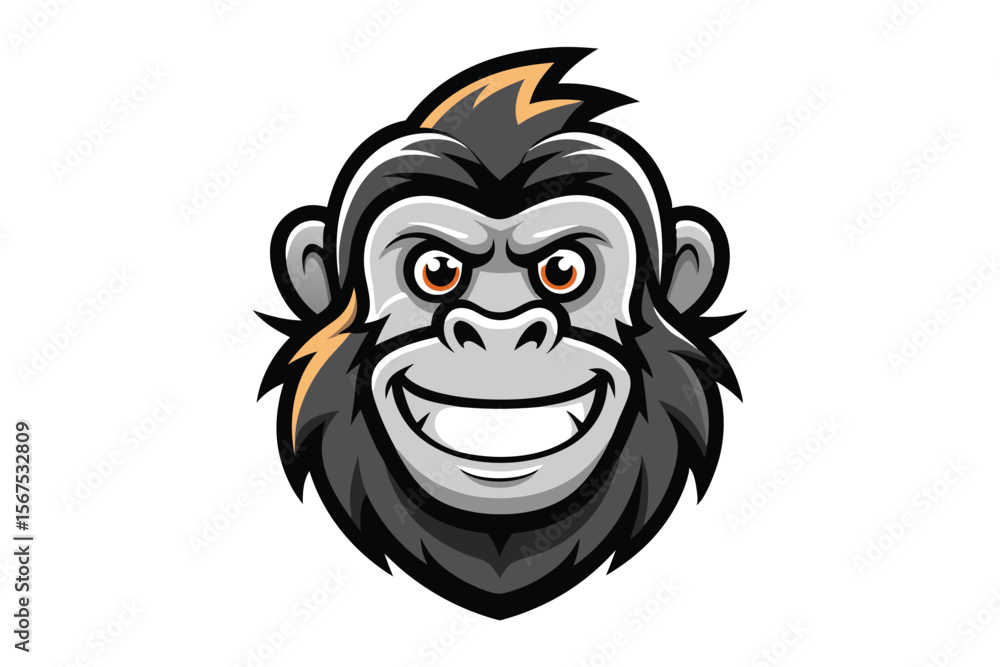 Fototapeta premium The grey gorilla head smiles widely with visible teeth and sharp amber eyes