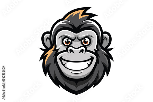 The grey gorilla head smiles widely with visible teeth and sharp amber eyes