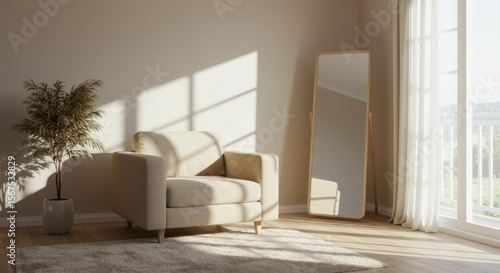 Sunlit living room with armchair and mirror