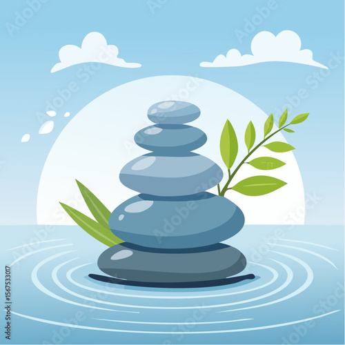 Stack of zen stones with green plant, water in spa. Wellness concept
