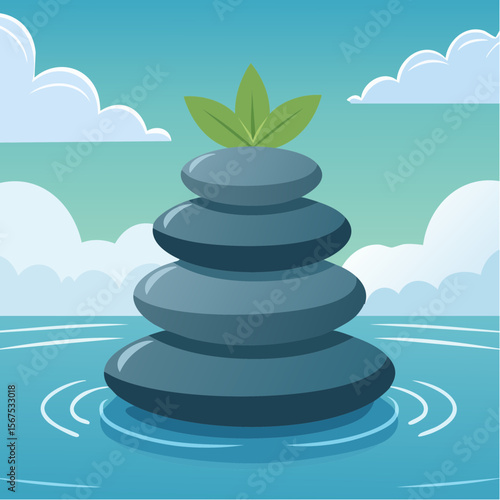 Stack of zen stones with green plant, water in spa. Wellness concept