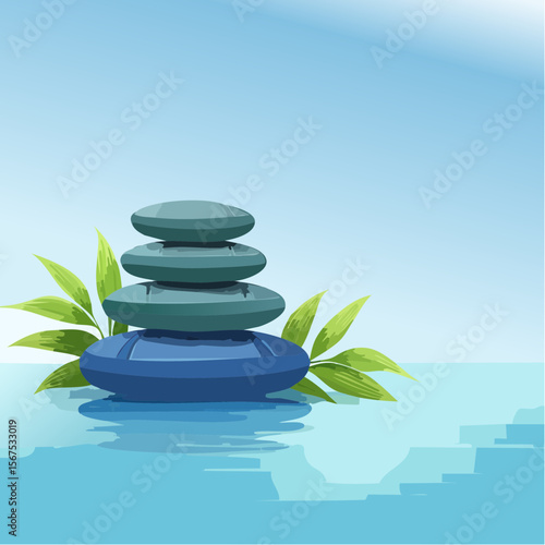 Stack of zen stones with green plant, water in spa. Wellness concept