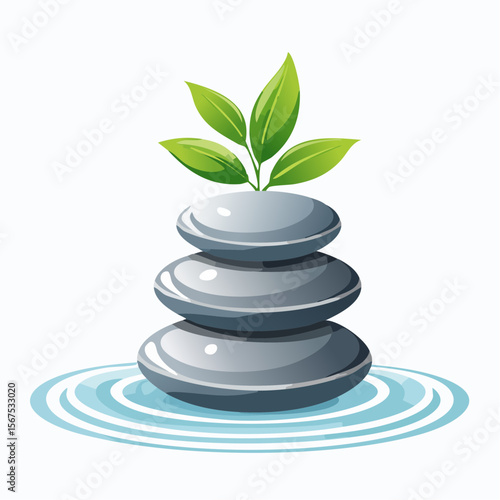 Stack of zen stones with green plant, water in spa. Wellness concept