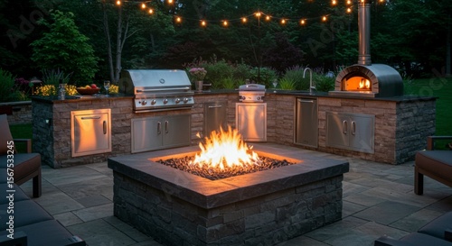 Outdoor kitchen with built-in grill, pizza oven, and fire pit, creating a sophisticated backyard entertainment area