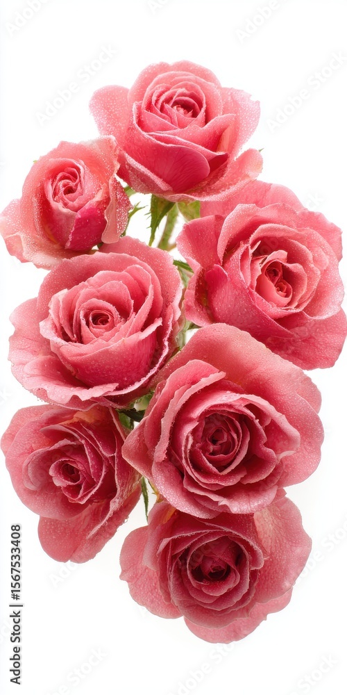Obraz premium Pink Roses Bouquet Water Droplets on Delicate Petals, White Background