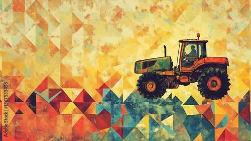 Vintage Tractor Amidst Abstract Geometric Field Art Illustration